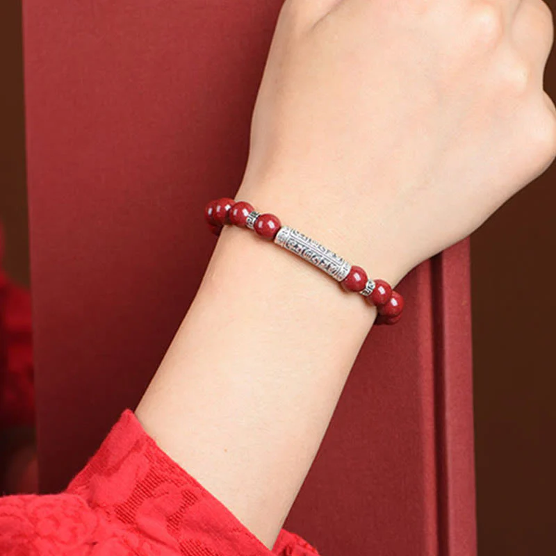 Braccialetto di benedizione con sei parole vere in argento sterling 999, Buddha Stones , cinabro - Image 5