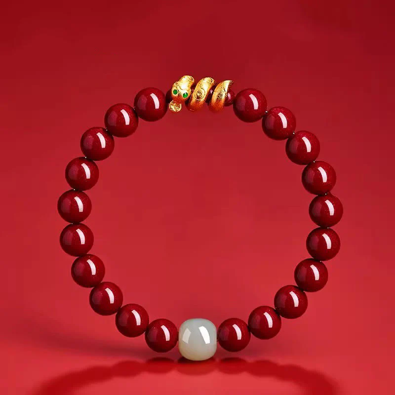 Braccialetto di benedizione dell'anno del serpente in giada di Hetian, perle di cinabro Buddha Stones - Image 2