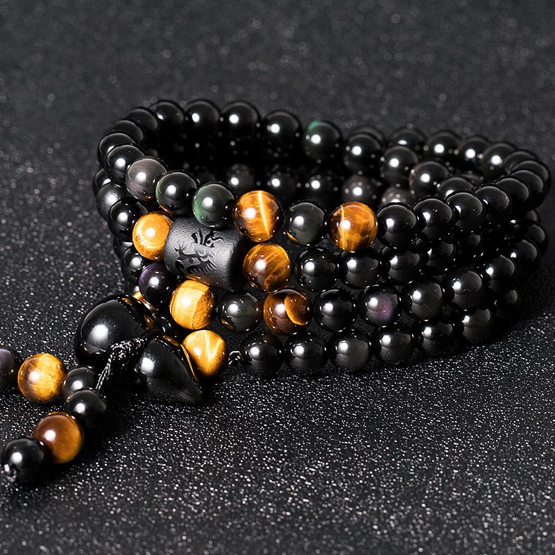 Braccialetto di benedizione di zucca di ossidiana arcobaleno di ossidiana nera naturale Buddha Stones Mala - Image 4