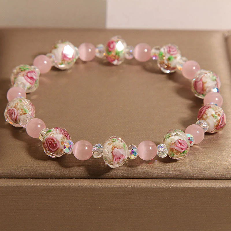 Braccialetto di calore con perline di vetro Liuli, cristallo rosa e Buddha Stones