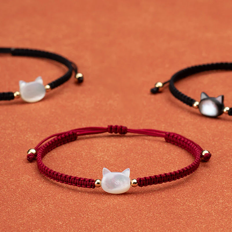 Braccialetto di collegamento con conchiglia rossa e testa di gatto senza volto Buddha Stones