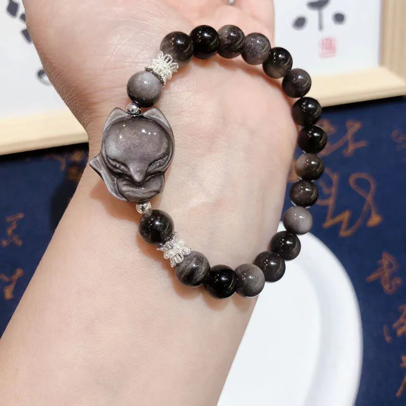 Bracciale di comunicazione Buddha Stones in argento naturale con ossidiana lucida e volpe a nove code - Image 5