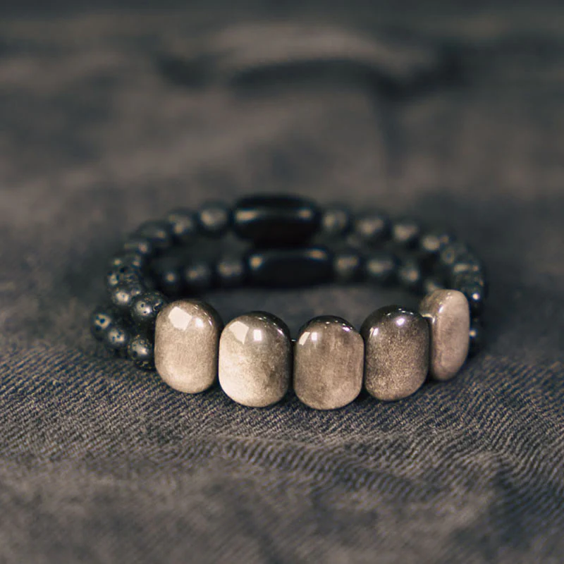 Braccialetto di comunicazione in pietra lavica con ossidiana e argento naturale Buddha Stones - Image 2