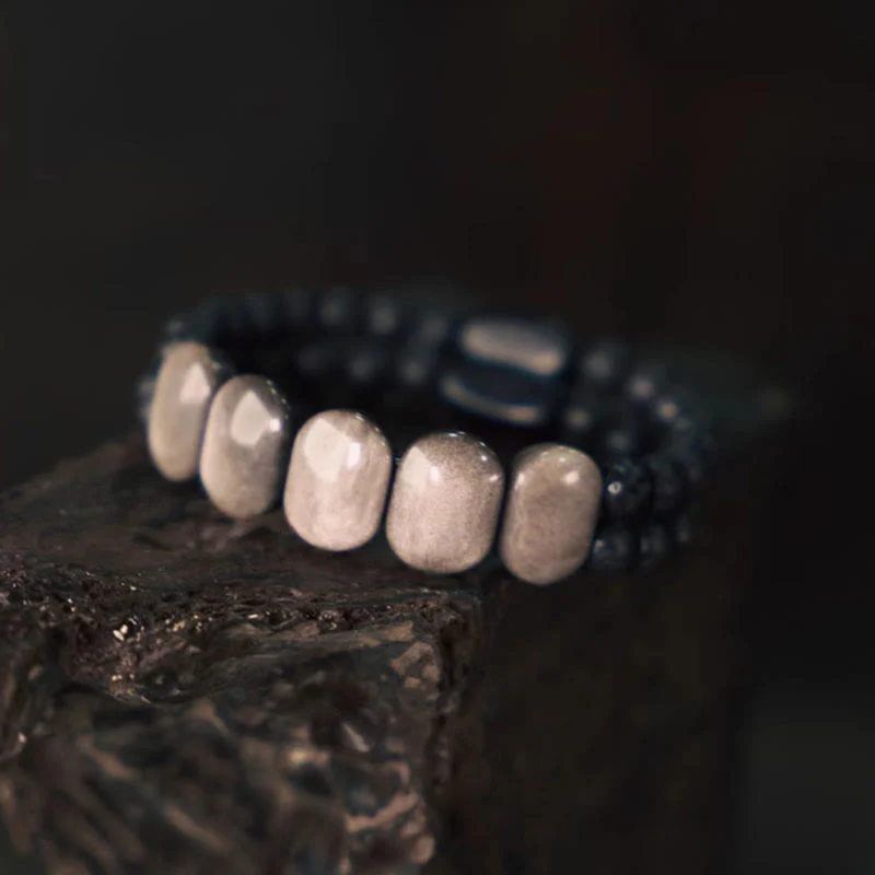 Braccialetto di comunicazione in pietra lavica con ossidiana e argento naturale Buddha Stones - Image 3