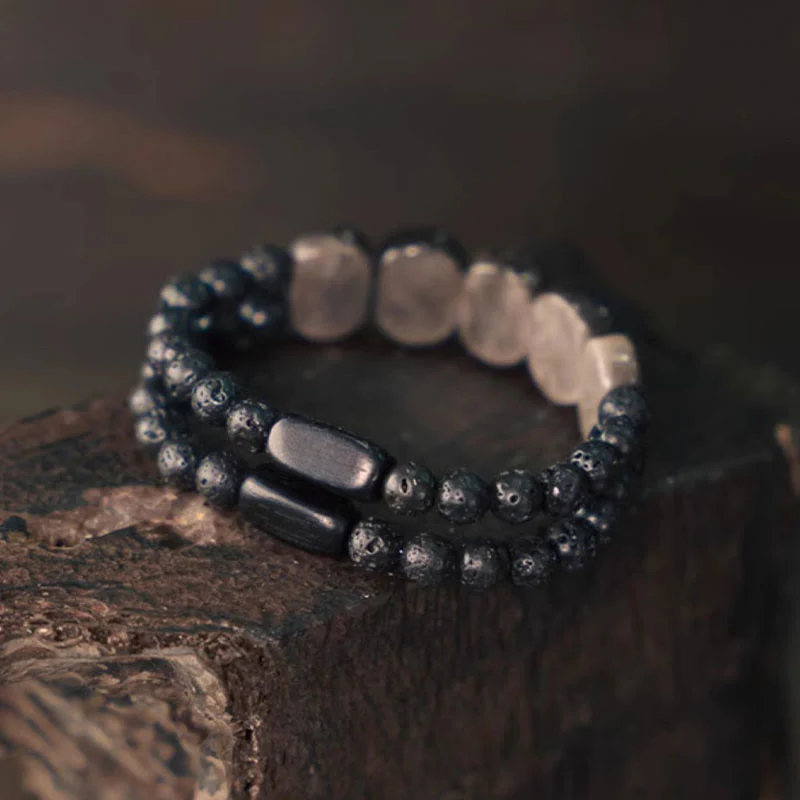 Braccialetto di comunicazione in pietra lavica con ossidiana e argento naturale Buddha Stones - Image 4