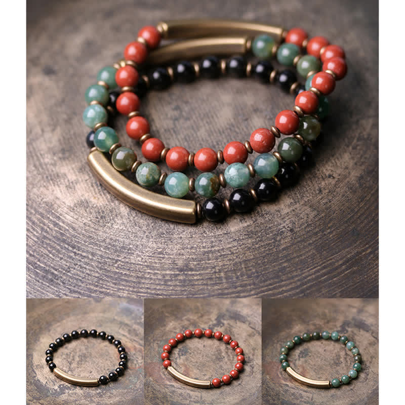 Braccialetto di coppia della pace in cristallo di rame, diaspro rosso, agata muschiata, ossidiana nera e Buddha Stones - Image 24