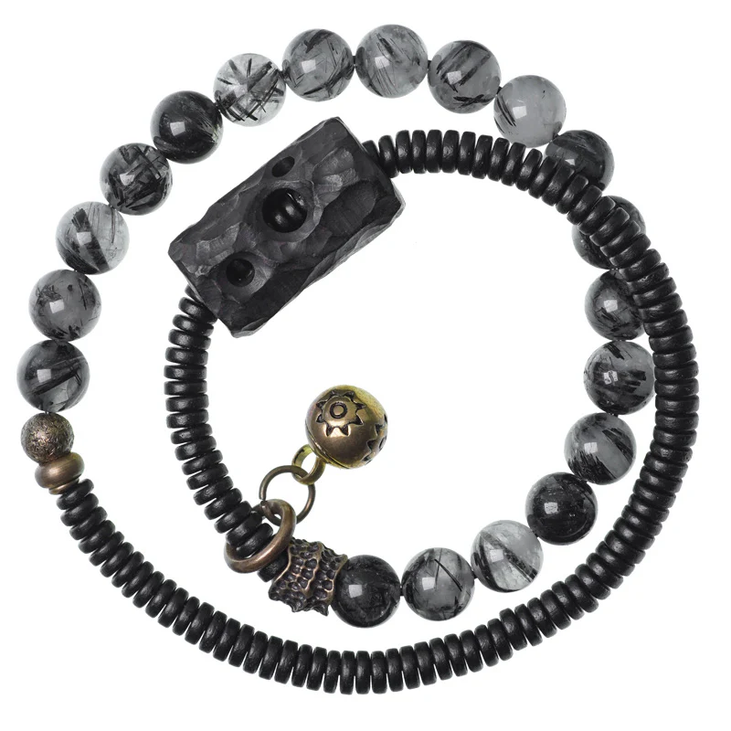 Braccialetto di coppia della saggezza del rame del legno di ebano del quarzo rutilato nero Buddha Stones - Image 14