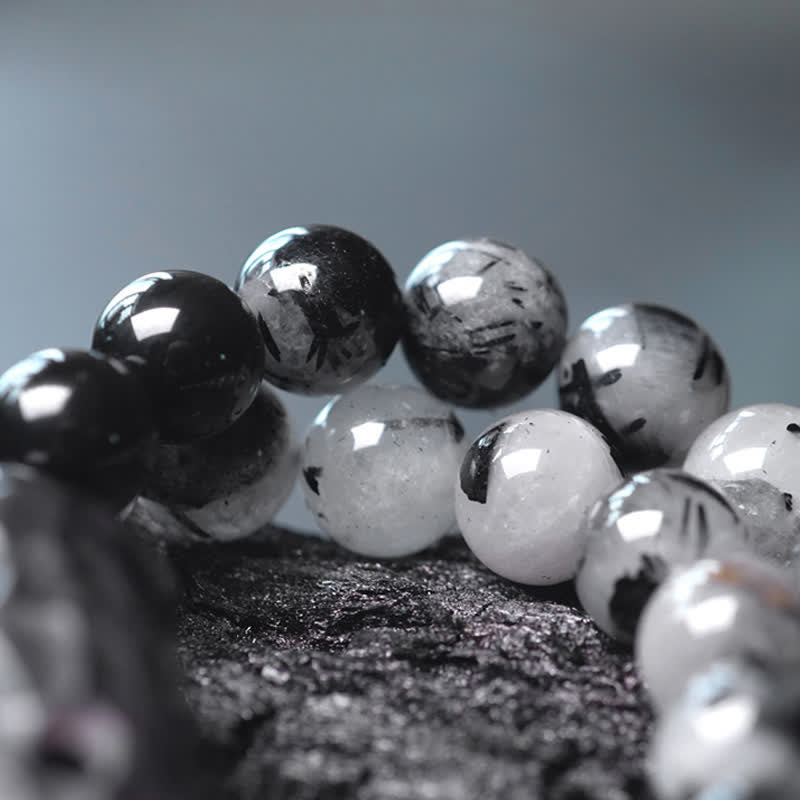 Braccialetto di coppia di successo in quarzo rutilato nero, legno di ebano e cristallo bianco - Image 10