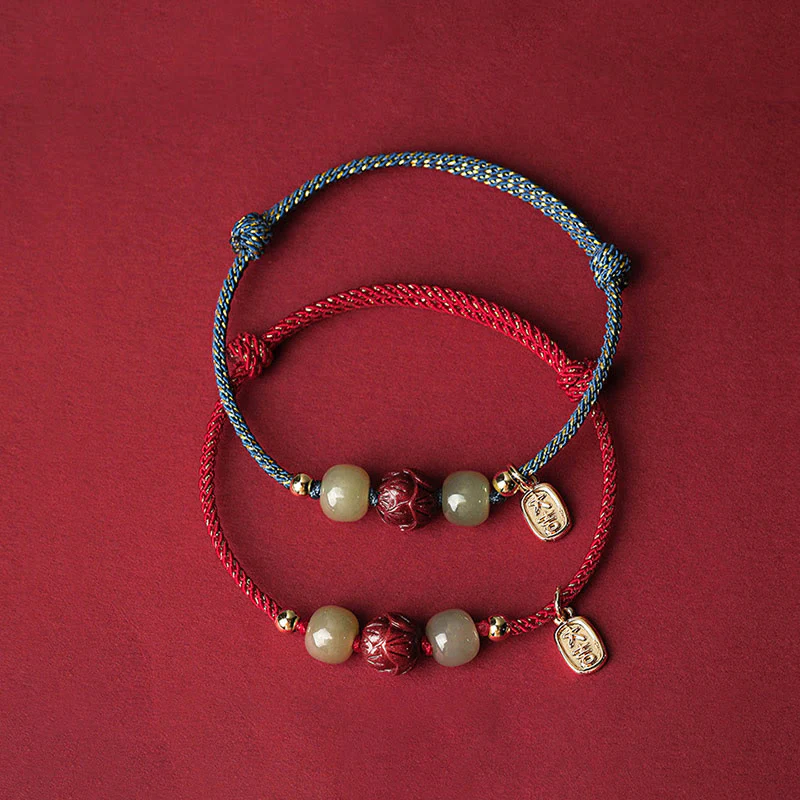 Braccialetto di corda artigianale Buddha Stones in giada Hetian placcato oro 14K, cinabro e loto portafortuna - Image 3