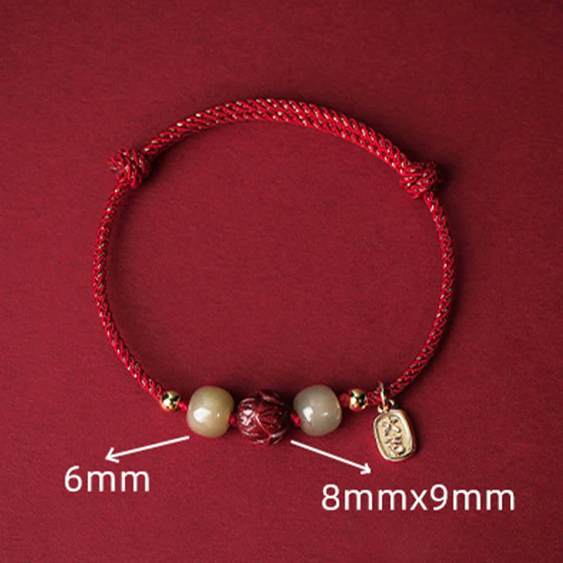 Braccialetto di corda artigianale Buddha Stones in giada Hetian placcato oro 14K, cinabro e loto portafortuna - Image 5