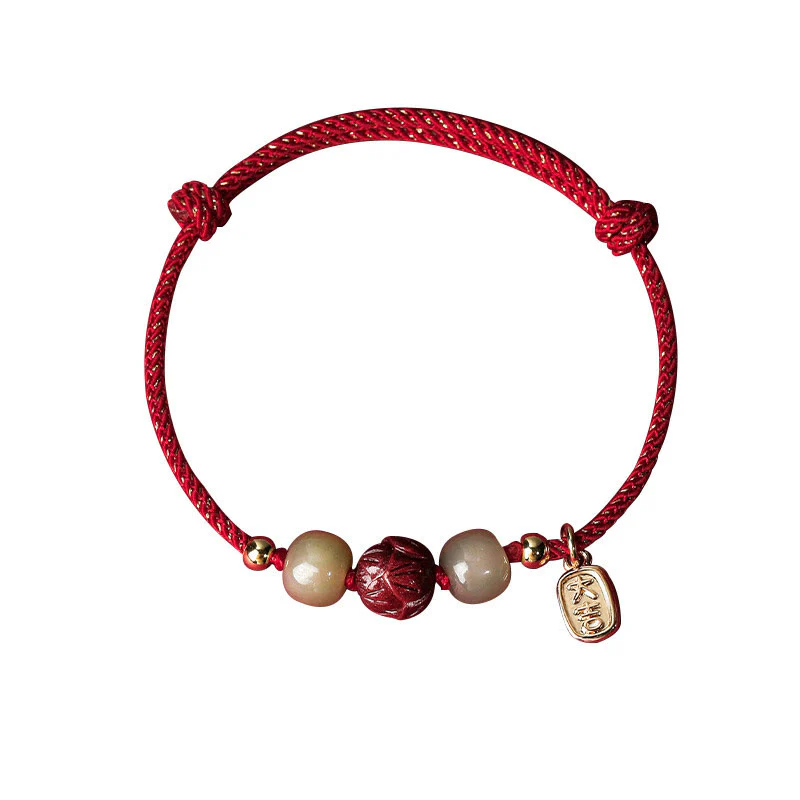 Braccialetto di corda artigianale Buddha Stones in giada Hetian placcato oro 14K, cinabro e loto portafortuna - Image 6