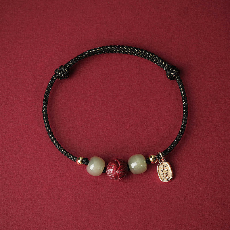 Braccialetto di corda artigianale Buddha Stones in giada Hetian placcato oro 14K, cinabro e loto portafortuna - Image 7