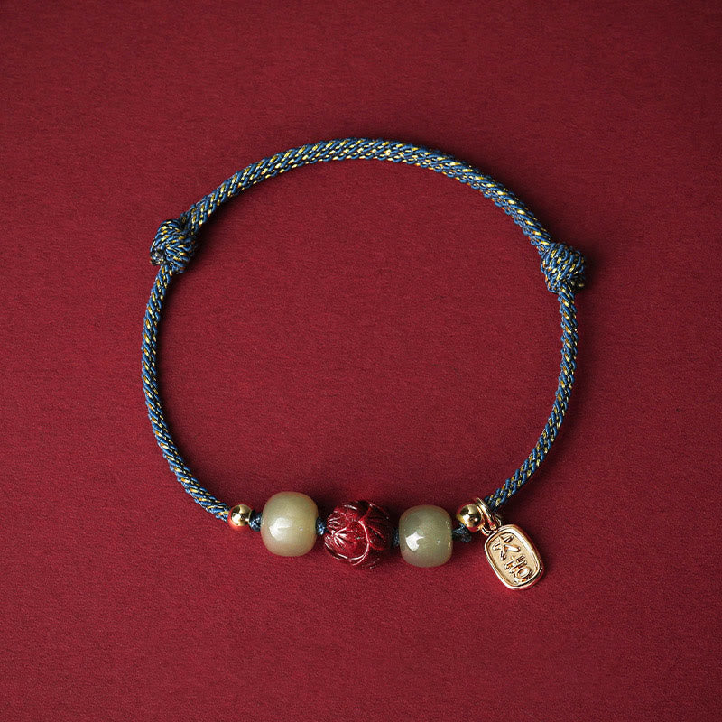 Braccialetto di corda artigianale Buddha Stones in giada Hetian placcato oro 14K, cinabro e loto portafortuna - Image 8