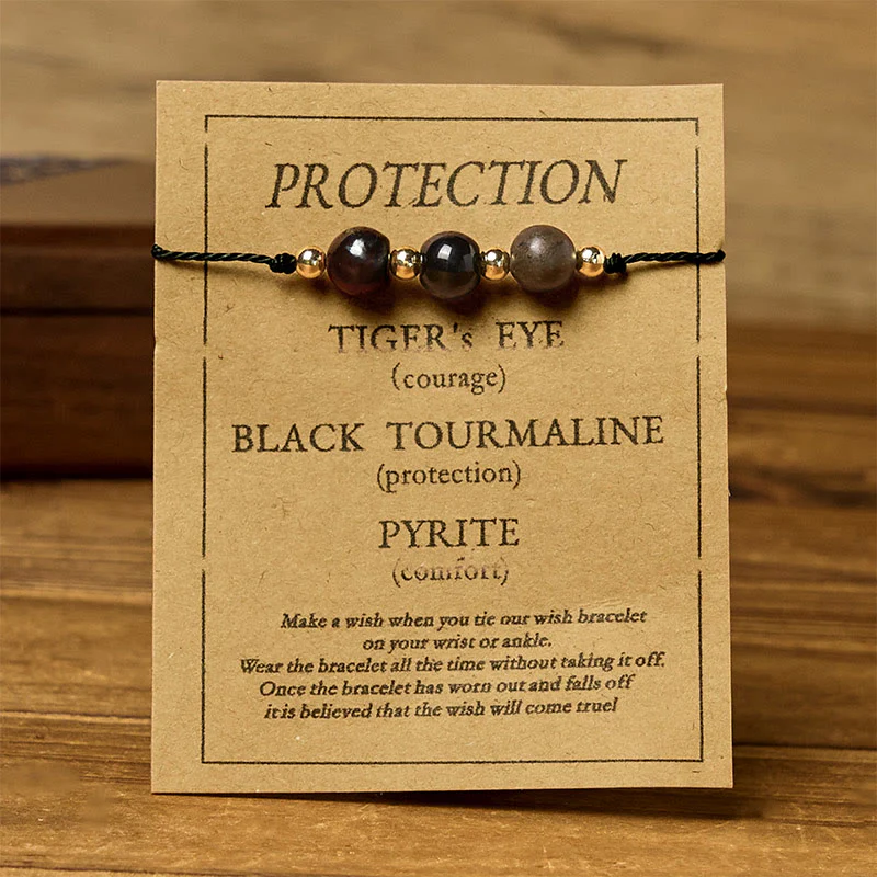 Braccialetto di corda con carta di protezione in pirite, tormalina nera, occhio di tigre Buddha Stones - Image 12