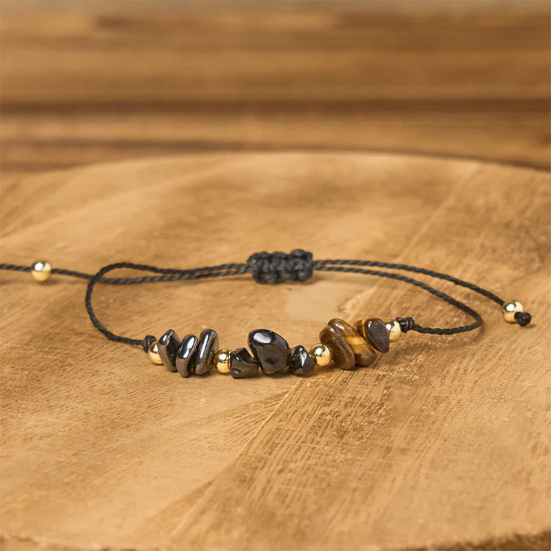 Braccialetto di corda con carta di protezione in pirite, tormalina nera, occhio di tigre Buddha Stones - Image 3