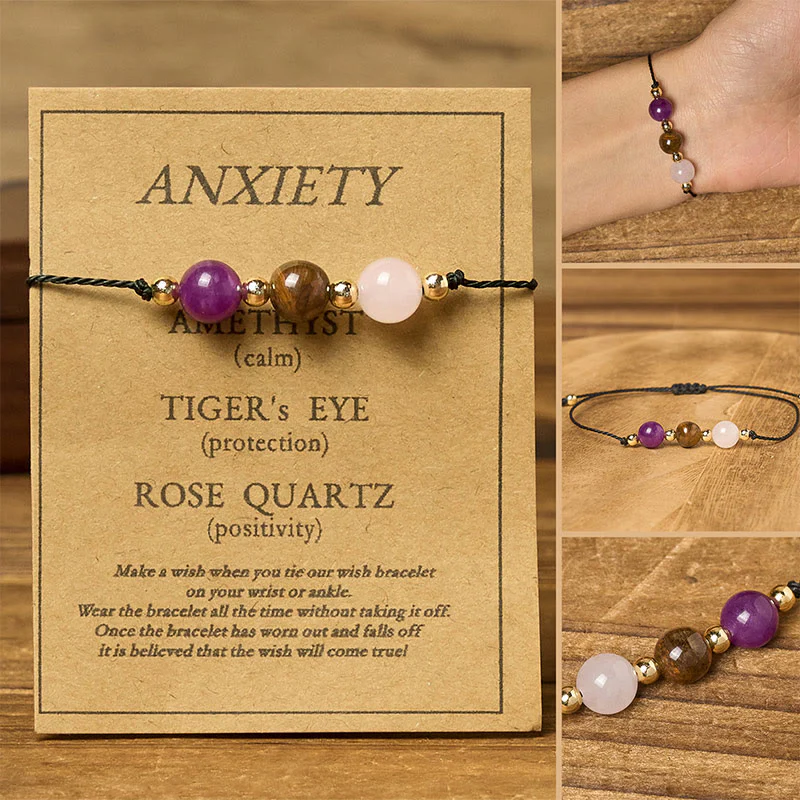 Braccialetto di corda con carta protettiva anti-ansia, Buddha Stones, ametista, occhio di tigre, quarzo rosa - Image 11