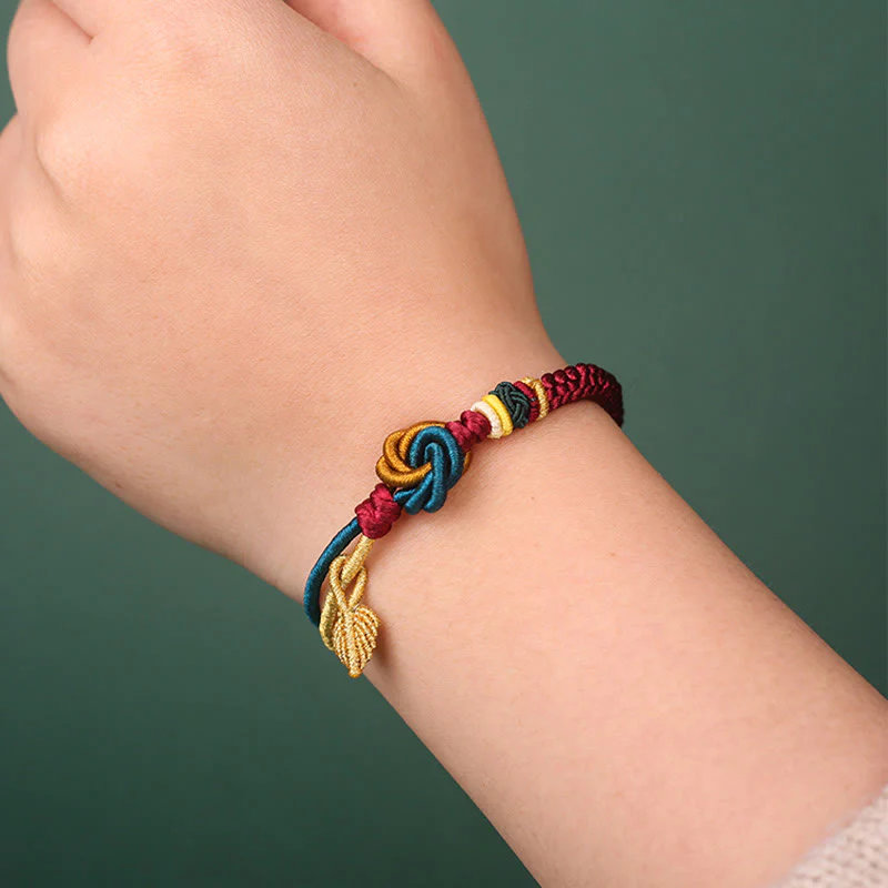 Braccialetto di corda della fortuna con nodo foglia mandala tibetano fatto a mano con Buddha Stones - Image 2