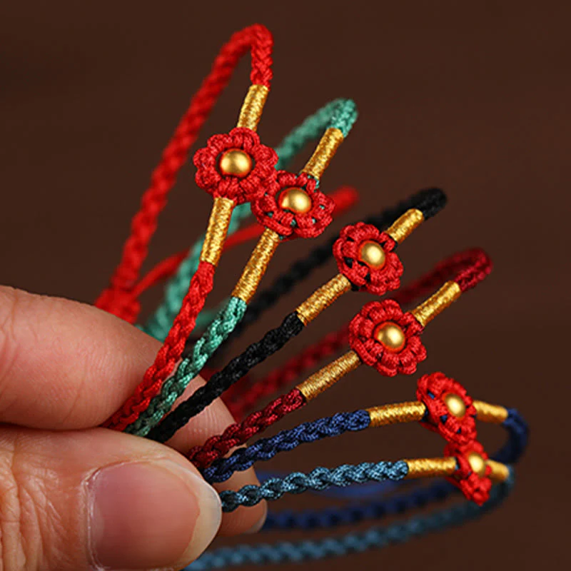 Braccialetto di corda di protezione della fortuna con design a fiori fatto a mano con perline in oro 999 Buddha Stones - Image 3