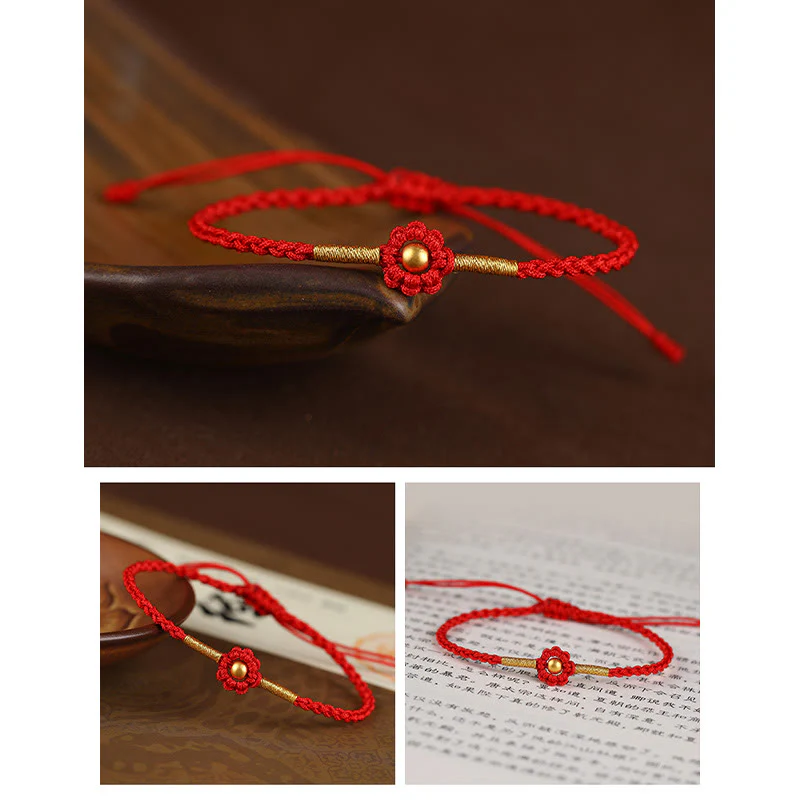 Braccialetto di corda di protezione della fortuna con design a fiori fatto a mano con perline in oro 999 Buddha Stones - Image 5