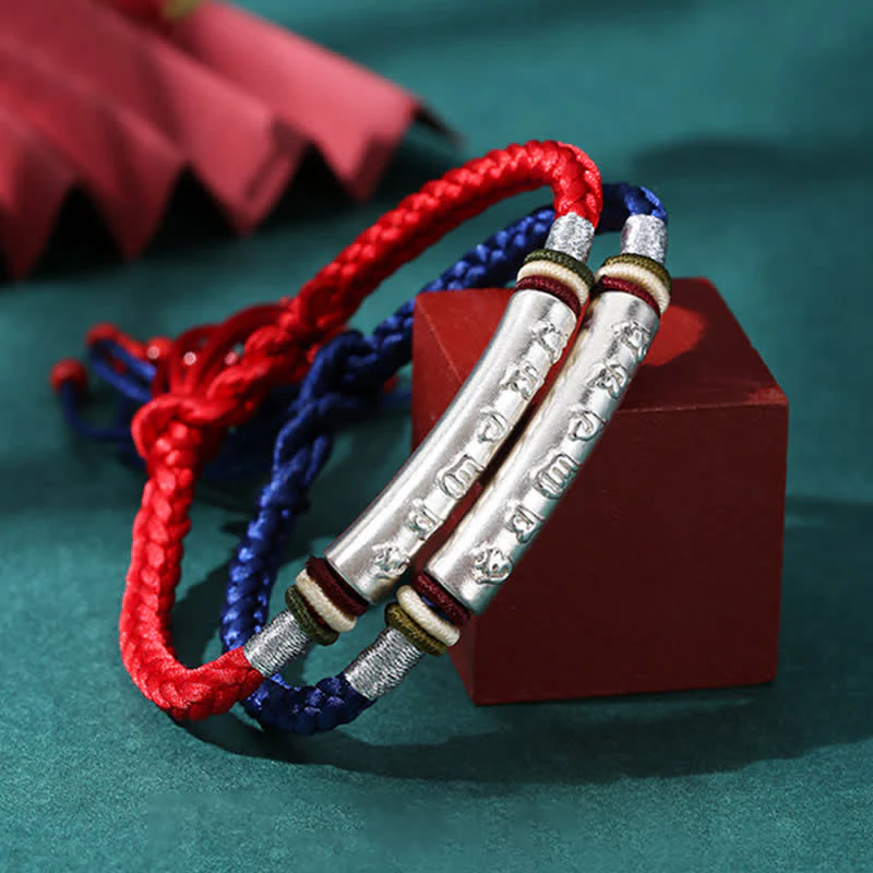 Braccialetto di corda di protezione e forza Om Mani Padme Hum in argento sterling 999 Buddha Stones - Image 2