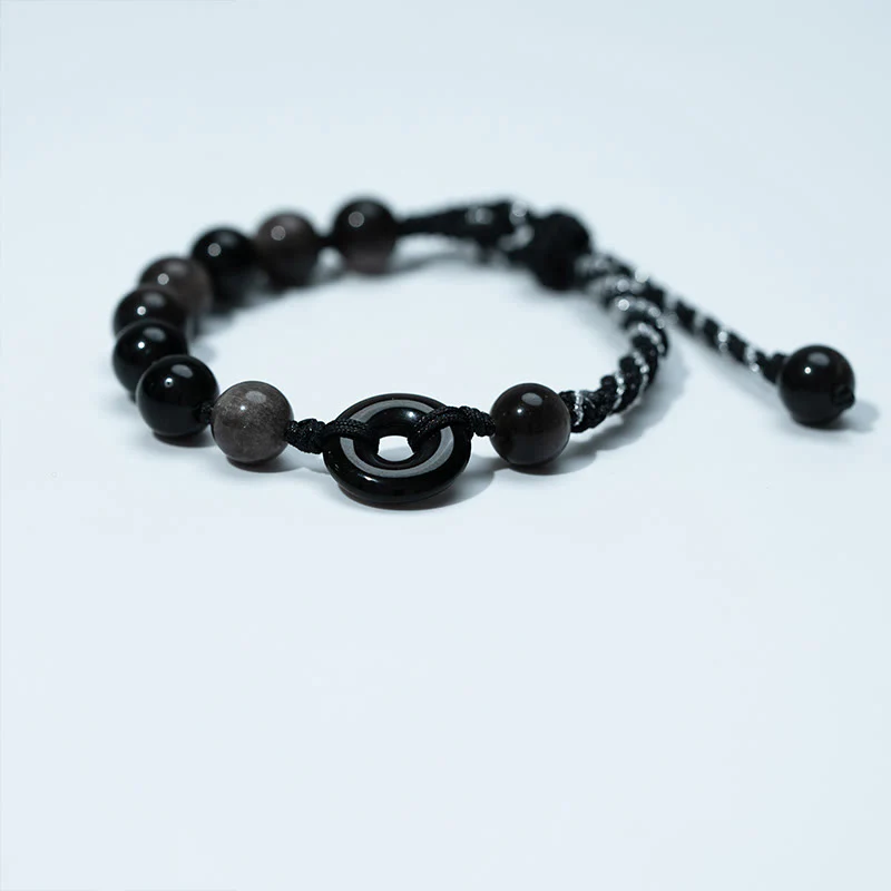 Braccialetto di corda nera purificante con fibbia della pace in ossidiana nera naturale Buddha Stones - Image 2