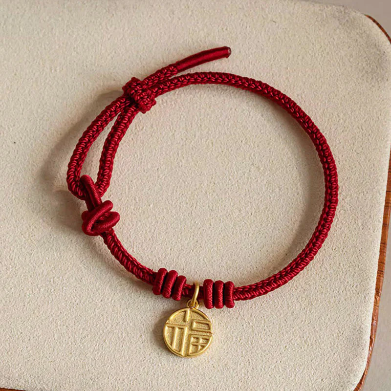 Braccialetto di corda rossa con ciondolo a forma di carattere Fu con nodo della pace a otto fili fatto a mano Buddha Stones - Image 2