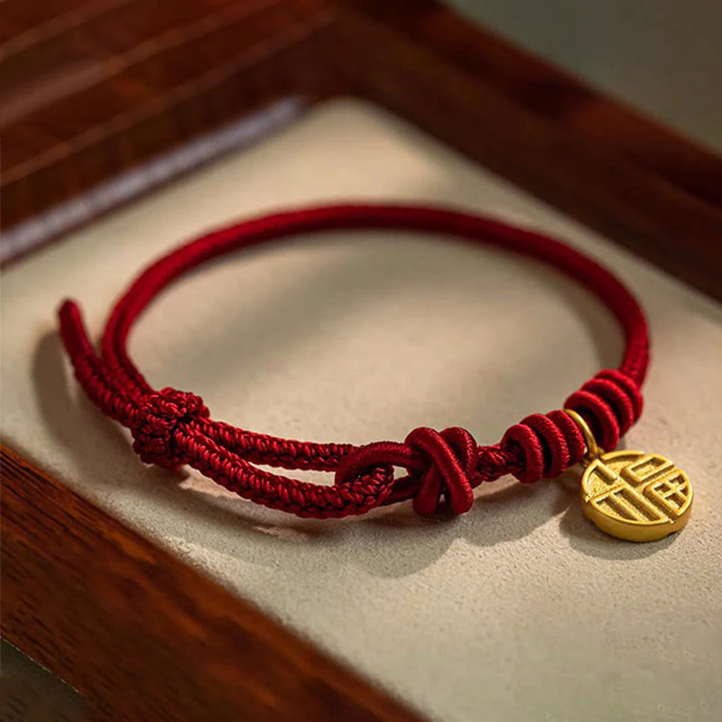 Braccialetto di corda rossa con ciondolo a forma di carattere Fu con nodo della pace a otto fili fatto a mano Buddha Stones - Image 3