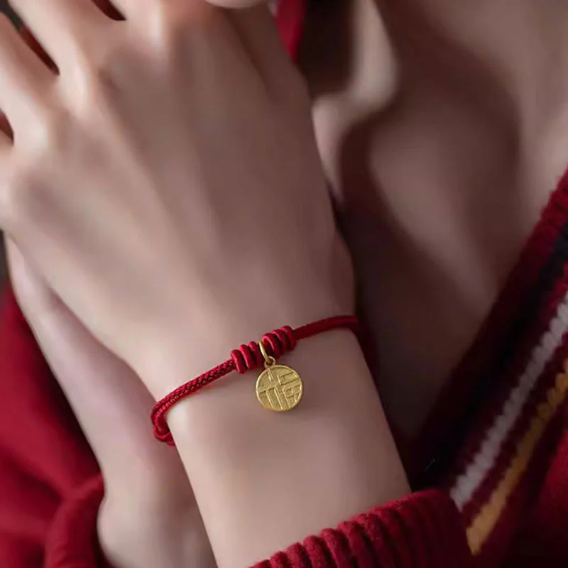 Braccialetto di corda rossa con ciondolo a forma di carattere Fu con nodo della pace a otto fili fatto a mano Buddha Stones - Image 4