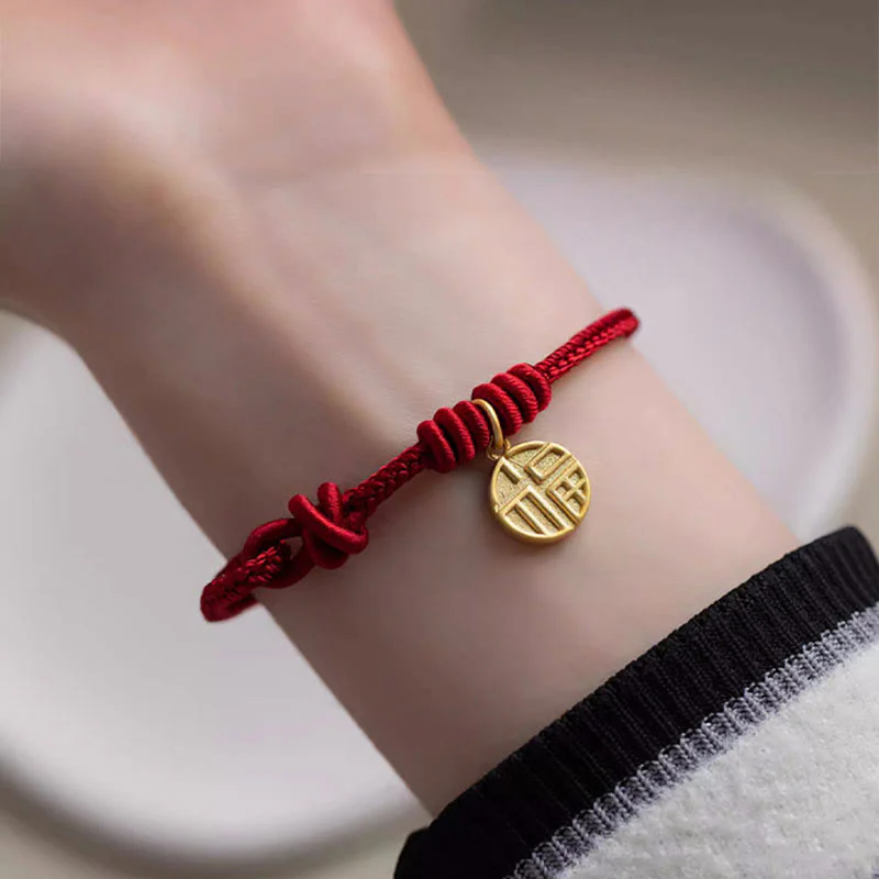Braccialetto di corda rossa con ciondolo a forma di carattere Fu con nodo della pace a otto fili fatto a mano Buddha Stones - Image 5