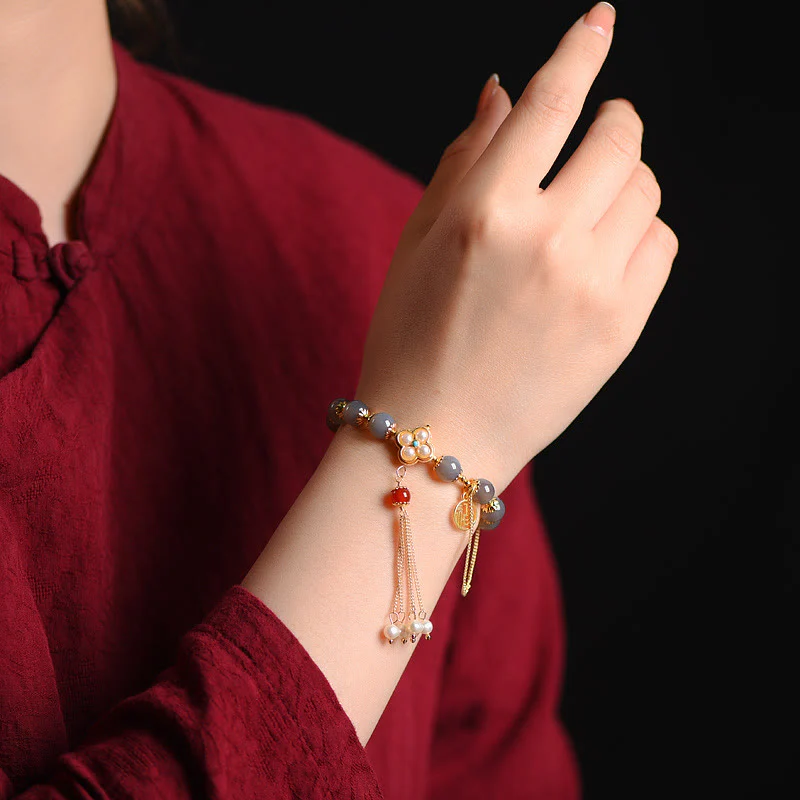 Braccialetto di equilibrio con nappa di perle di carattere Fu in agata grigia naturale Buddha Stones - Image 10