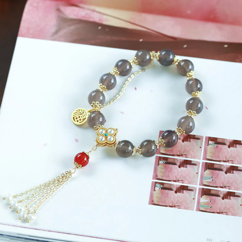 Braccialetto di equilibrio con nappa di perle di carattere Fu in agata grigia naturale Buddha Stones - Image 13