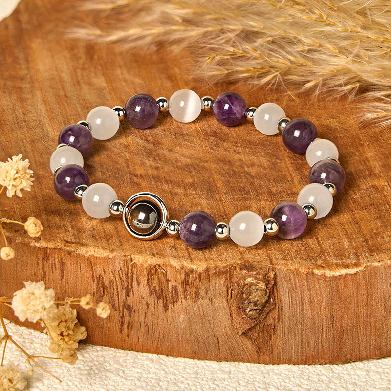 Braccialetto di equilibrio con perle di occhio di gatto bianco e ametista naturale Buddha Stones - Image 2