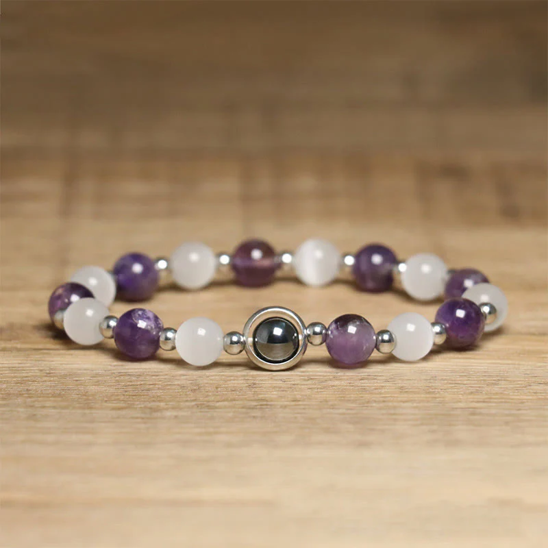 Braccialetto di equilibrio con perle di occhio di gatto bianco e ametista naturale Buddha Stones - Image 5