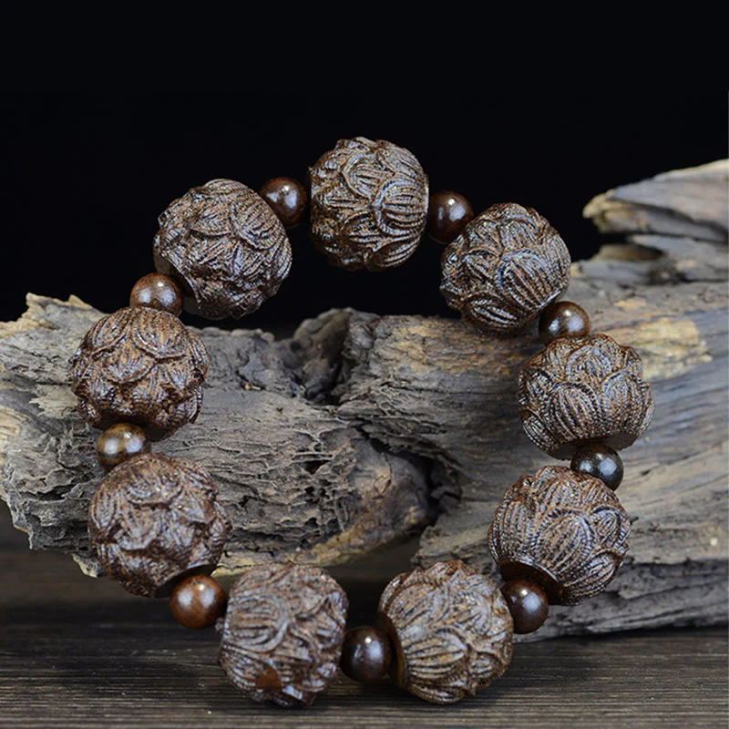 Braccialetto di equilibrio inciso Buddha Stones, legno di ebano, diciotto Arhat, drago di loto - Image 4