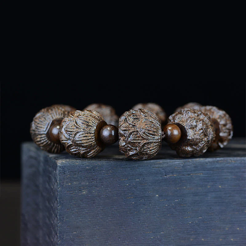 Braccialetto di equilibrio inciso Buddha Stones, legno di ebano, diciotto Arhat, drago di loto - Image 8