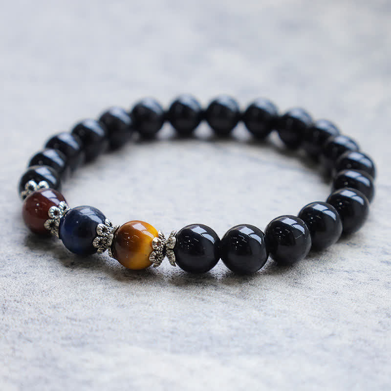 Bracciale della forza Buddha Stones, ossidiana nera naturale e occhio di tigre tricolore - Image 2