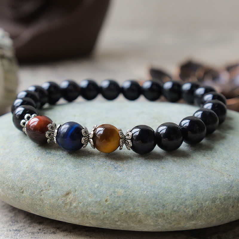 Bracciale della forza Buddha Stones, ossidiana nera naturale e occhio di tigre tricolore - Image 3