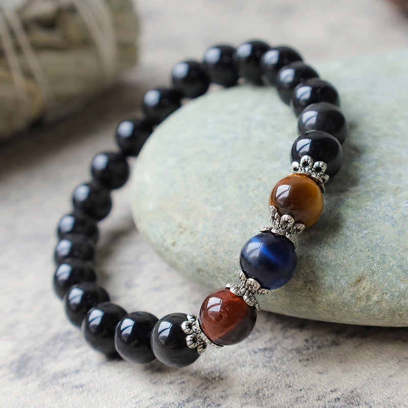 Bracciale della forza Buddha Stones, ossidiana nera naturale e occhio di tigre tricolore - Image 4