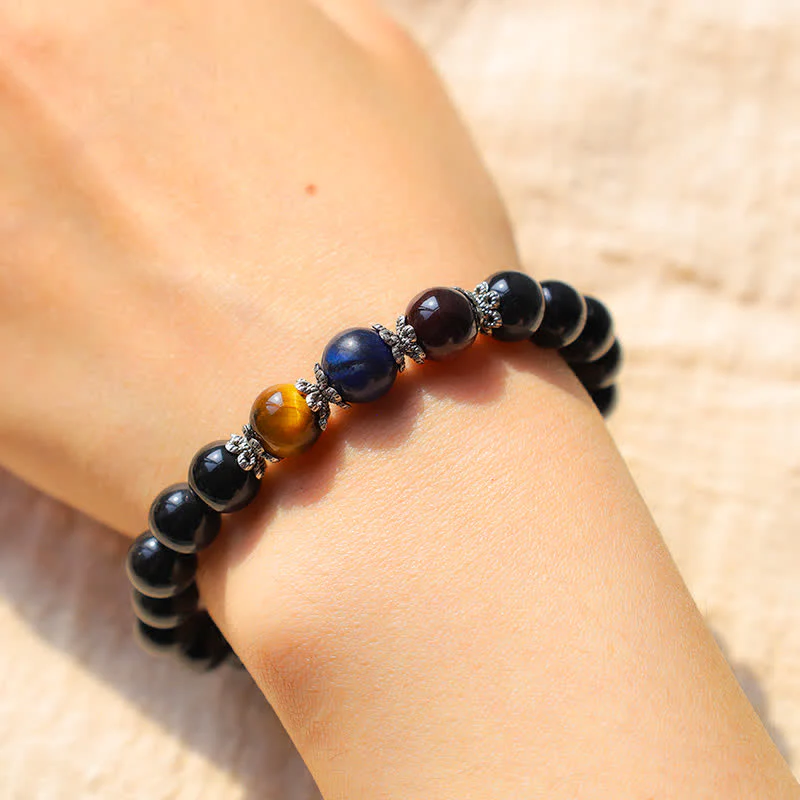 Bracciale della forza Buddha Stones, ossidiana nera naturale e occhio di tigre tricolore - Image 5