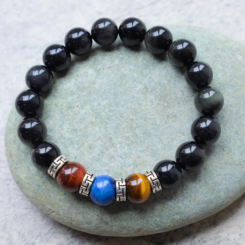 Bracciale della forza Buddha Stones, ossidiana nera naturale e occhio di tigre tricolore - Image 7
