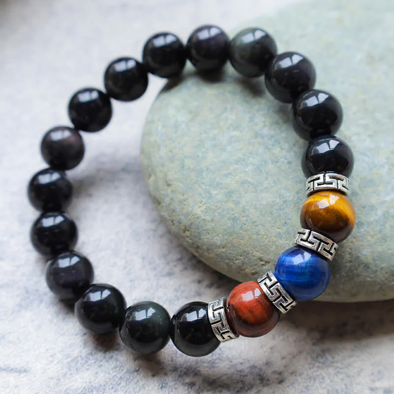 Bracciale della forza Buddha Stones, ossidiana nera naturale e occhio di tigre tricolore - Image 8