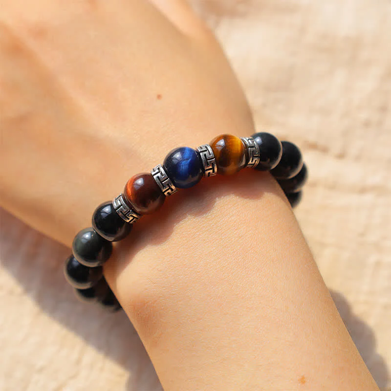 Bracciale della forza Buddha Stones, ossidiana nera naturale e occhio di tigre tricolore - Image 9