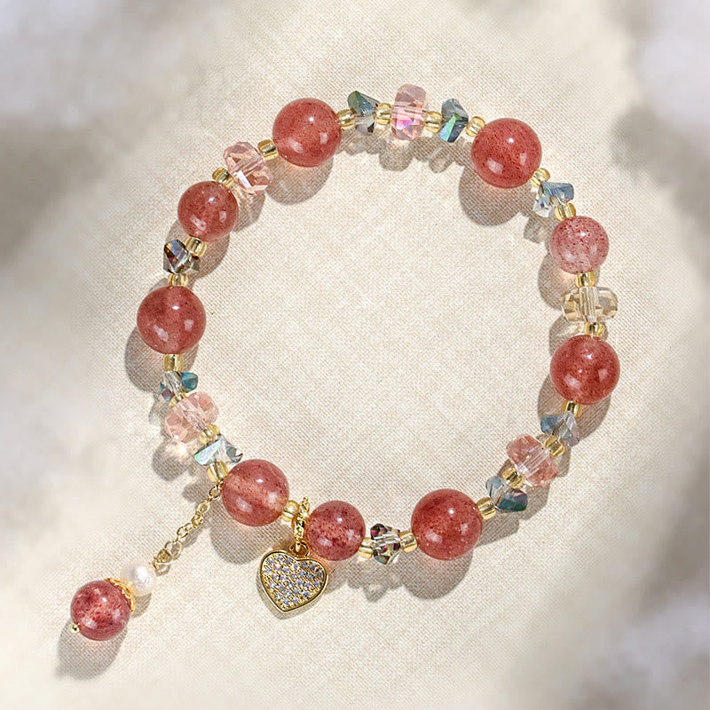 Braccialetto di guarigione a forma di cuore di Liuli con perle di cristallo bianco e quarzo fragola Buddha Stones - Image 3