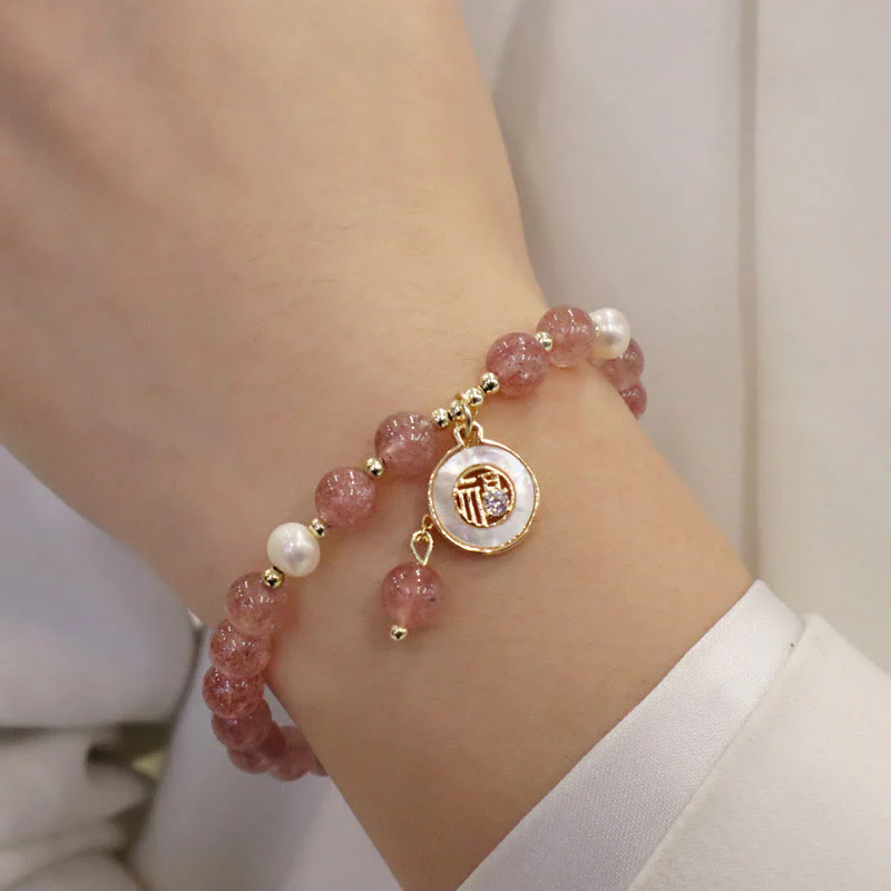 Braccialetto di guarigione con ciondolo a forma di carattere Fu, con ciondolo a forma di coda di pesce , con perle di quarzo fragola e alce sorridente - Image 10