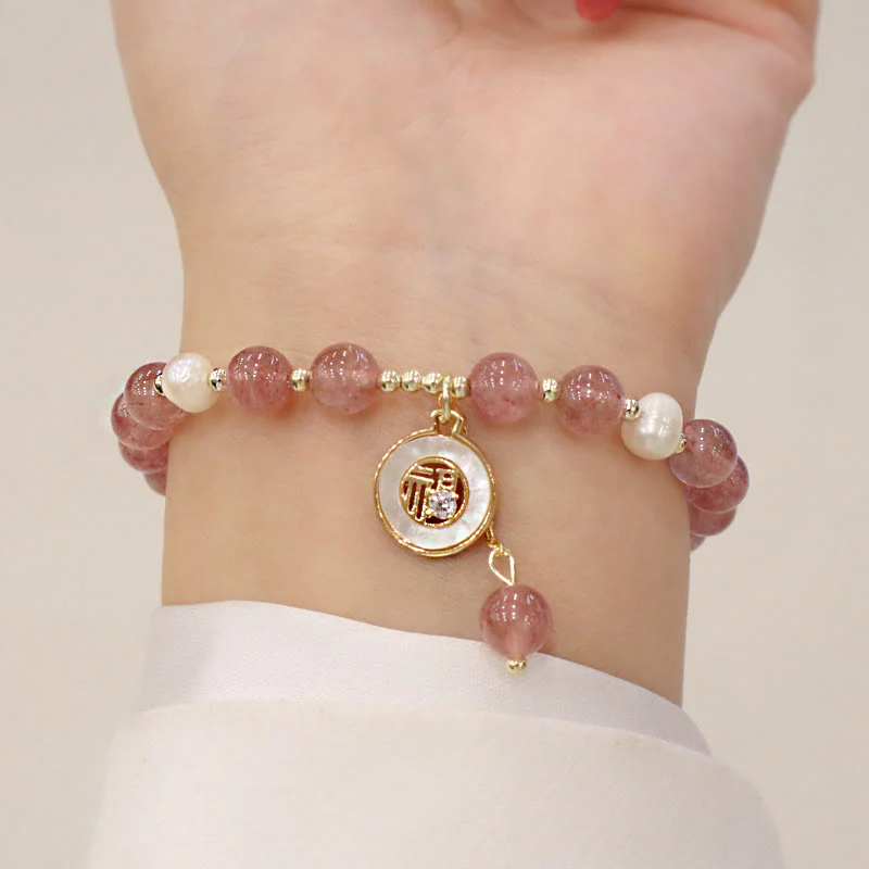 Braccialetto di guarigione con ciondolo a forma di carattere Fu, con ciondolo a forma di coda di pesce , con perle di quarzo fragola e alce sorridente - Image 11
