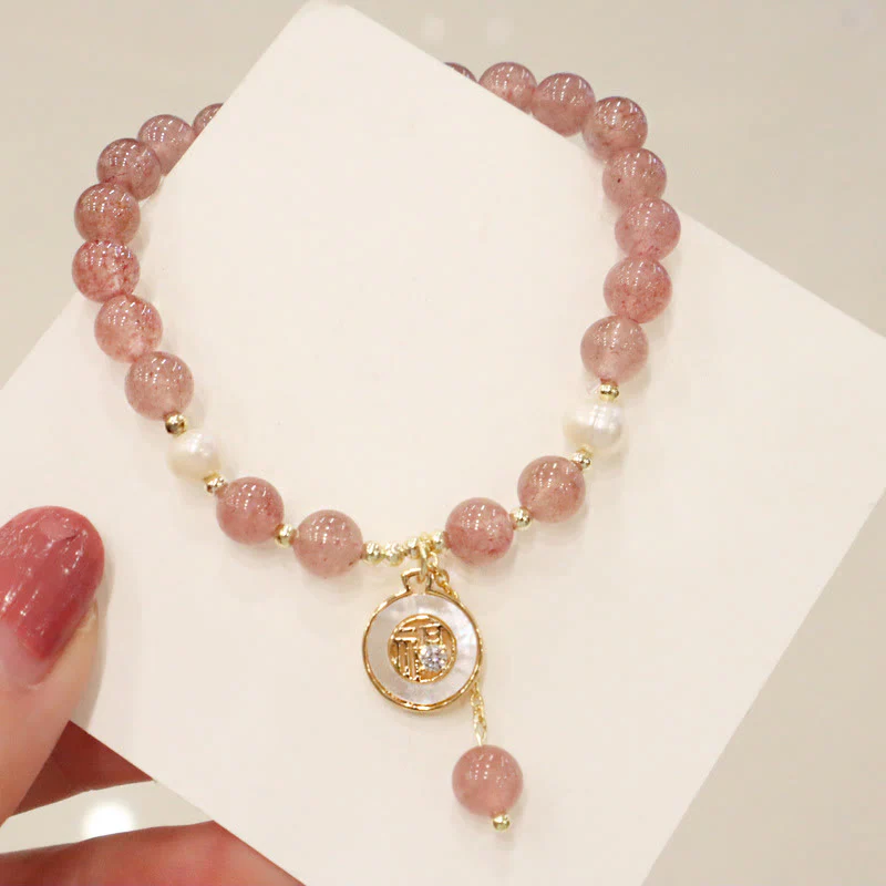 Braccialetto di guarigione con ciondolo a forma di carattere Fu, con ciondolo a forma di coda di pesce , con perle di quarzo fragola e alce sorridente - Image 12