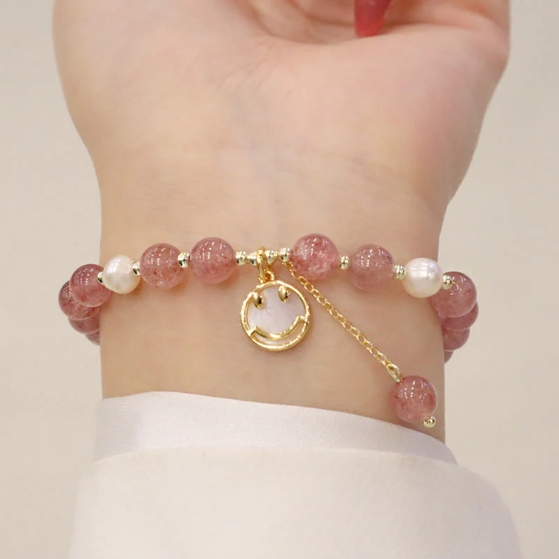 Braccialetto di guarigione con ciondolo a forma di carattere Fu, con ciondolo a forma di coda di pesce , con perle di quarzo fragola e alce sorridente - Image 6