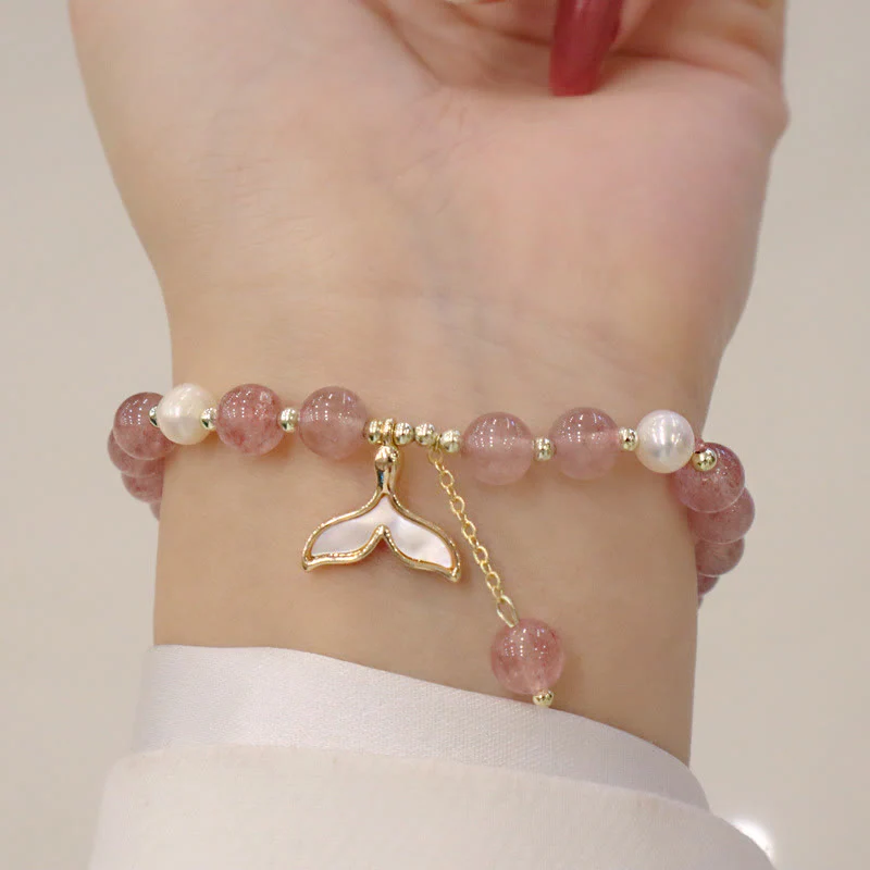 Braccialetto di guarigione con ciondolo a forma di carattere Fu, con ciondolo a forma di coda di pesce , con perle di quarzo fragola e alce sorridente - Image 8