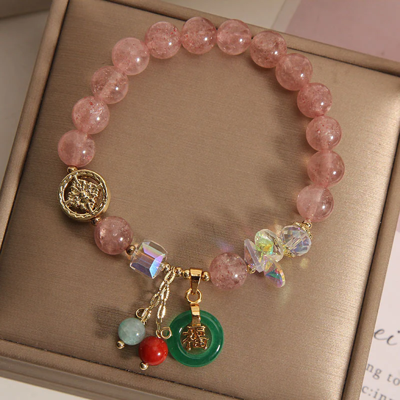 Braccialetto di guarigione con ciondolo a forma di carattere Fu in quarzo fragola e giada Buddha Stones - Image 2