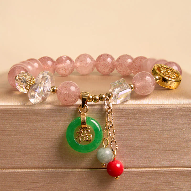 Braccialetto di guarigione con ciondolo a forma di carattere Fu in quarzo fragola e giada Buddha Stones - Image 3